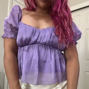 Purple Puff Sleeve Smocked Ruffled Blouse